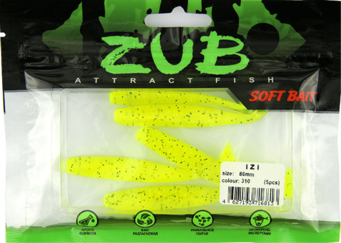 Виброхвост ZUB Izi 86мм цвет 310 желтый с блестками 5шт/уп