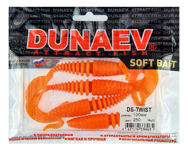 Приманка DS-TWIST 100мм 4шт/уп, цвет (250) морковный, блестки черные